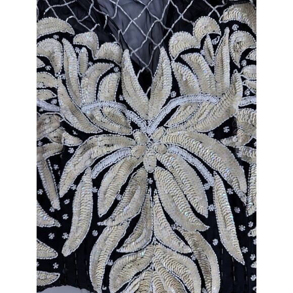 Beaded Silk Laurence Kazar Evening Gown Large VTG Dress Black White Regal Art - Picture 11 of 16